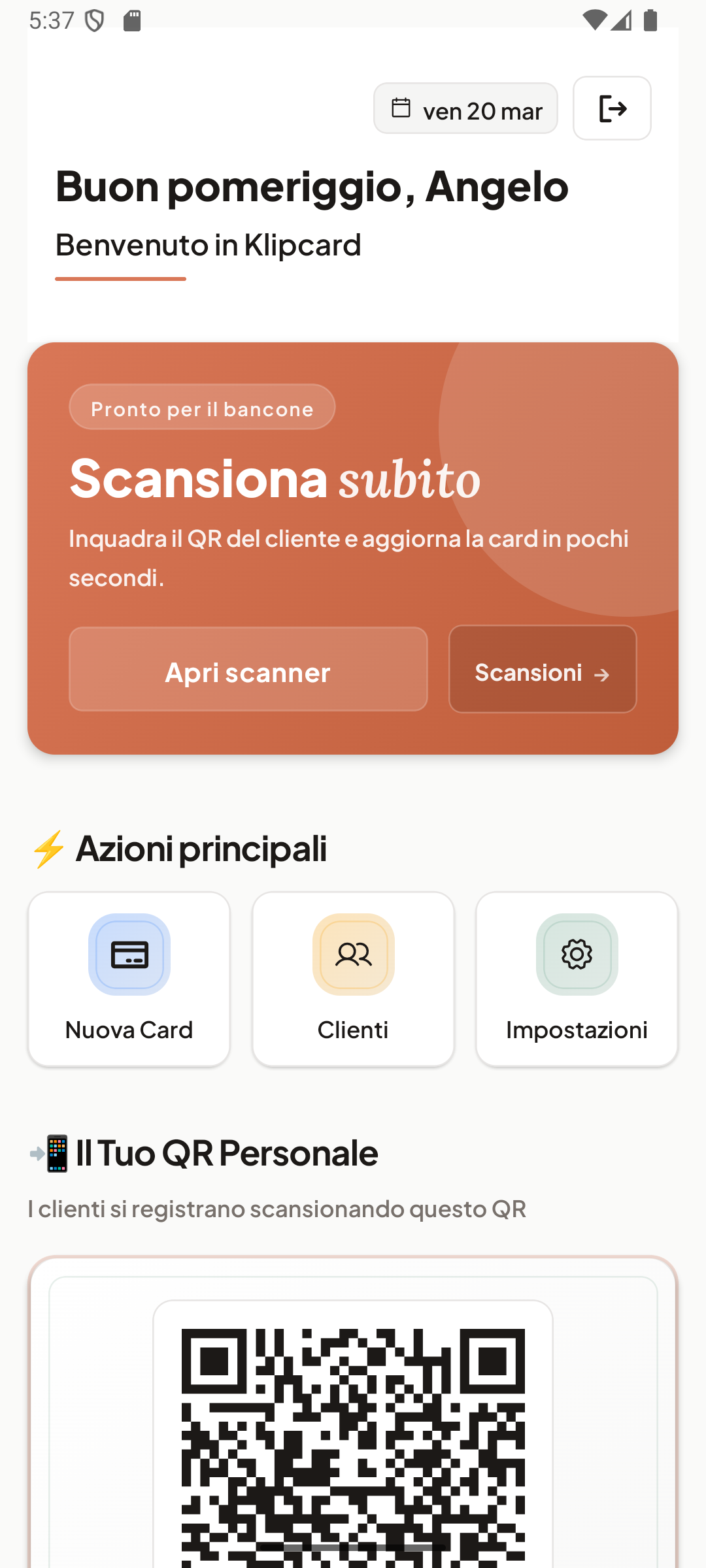 App tessera fedeltà digitale - Dashboard KlipCard con scanner QR code per bar